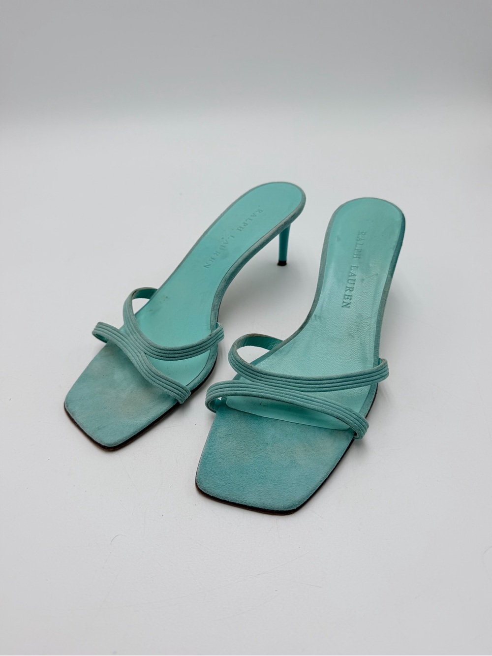 Vintage Ralph Lauren Italy Aqua Suede Strappy Heels 8.5 B Y2K Square Toe